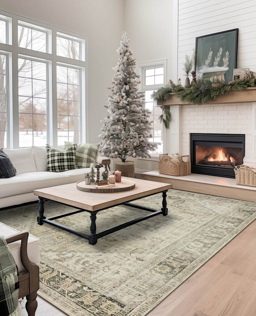 Bright living room with flocked tree and fireplace