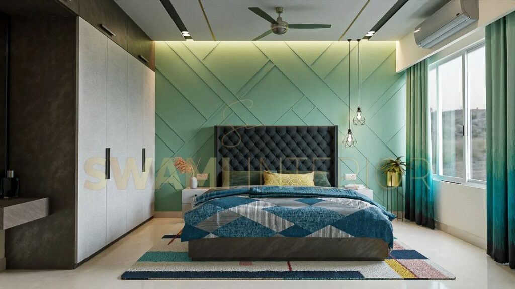 Modern mint bedroom with geometric wall pattern