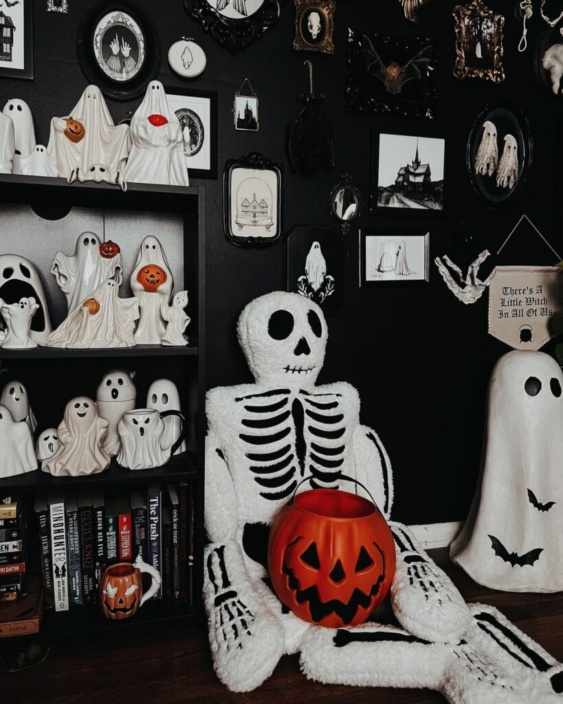 Spooky Halloween decor with ghosts and skeleton