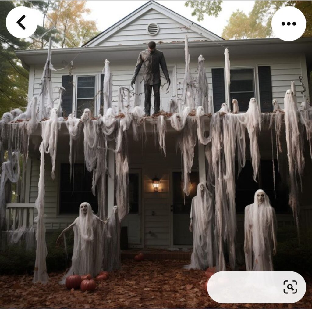 House covered in hanging ghosts, spooky figures