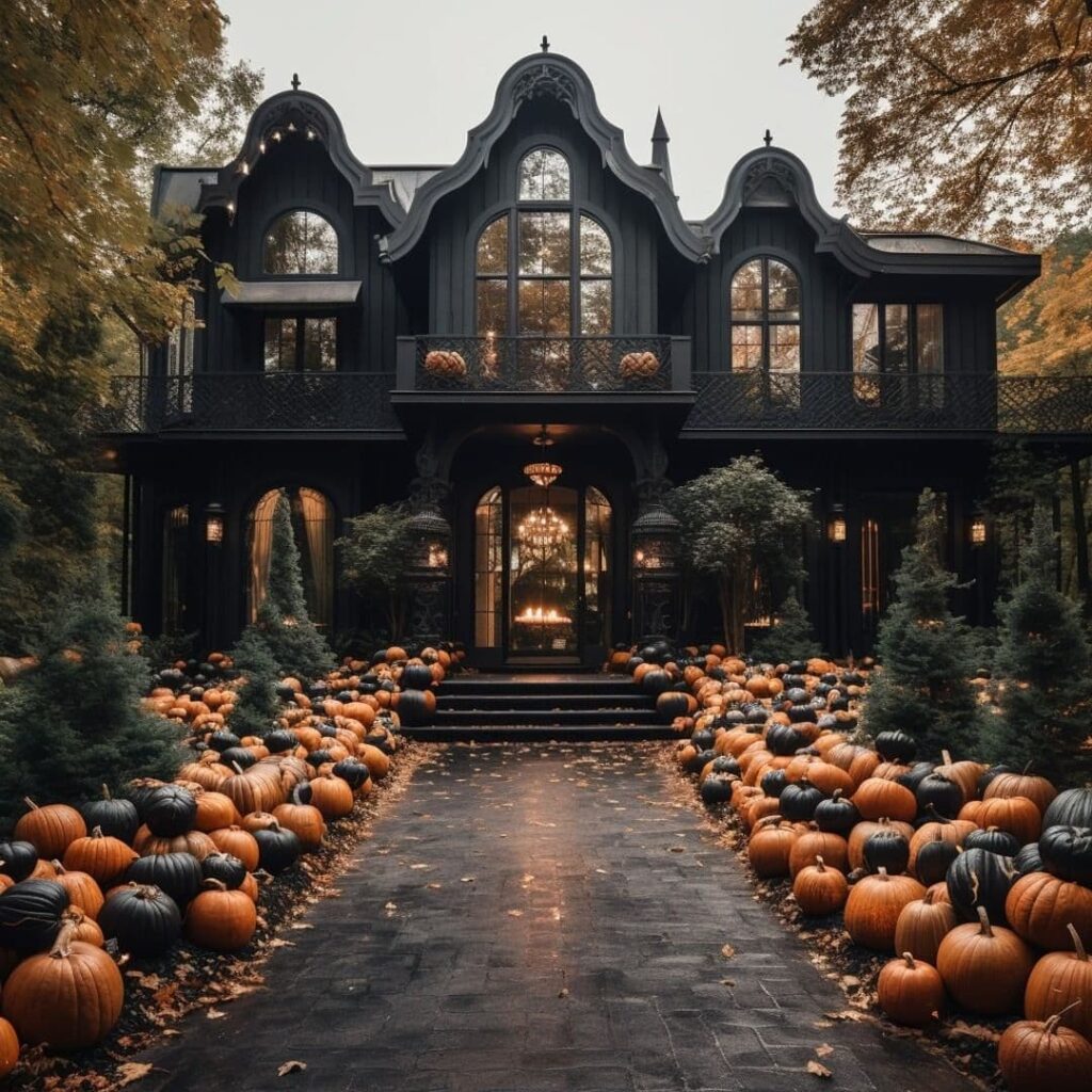 Black Gothic house with pumpkin-lined path