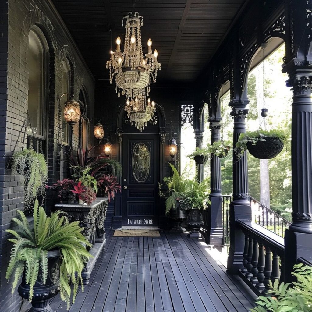 Black Victorian porch with chandelier and plants