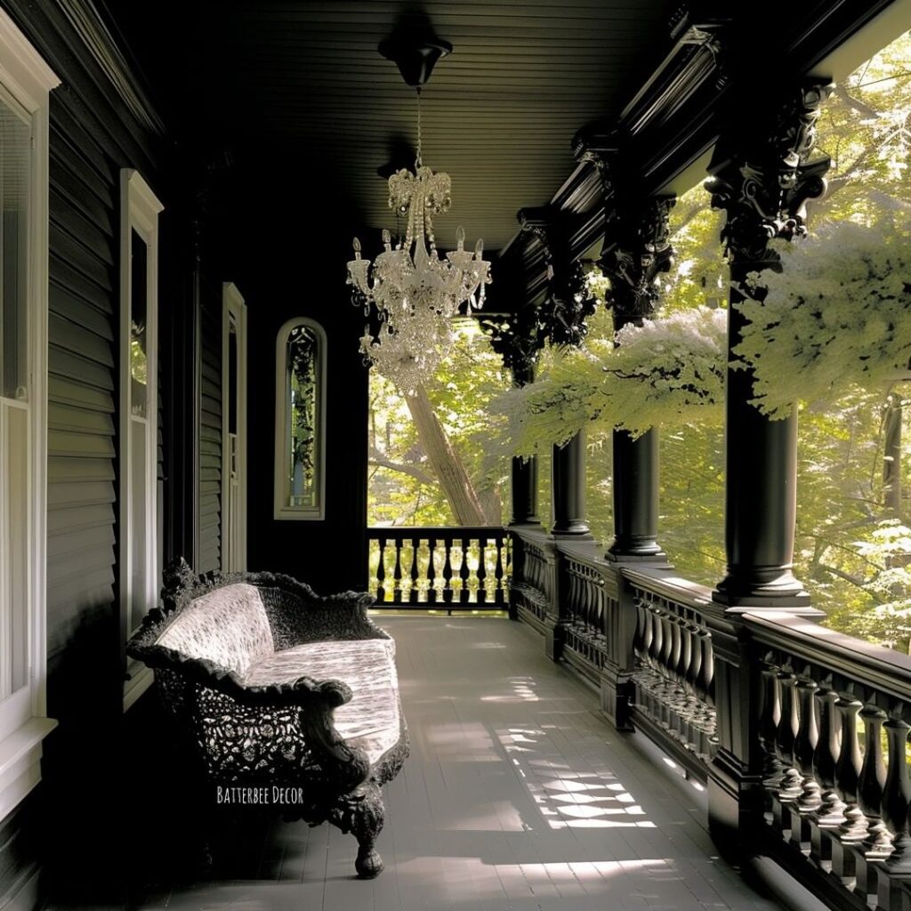 Black porch with chandelier and ornate settee