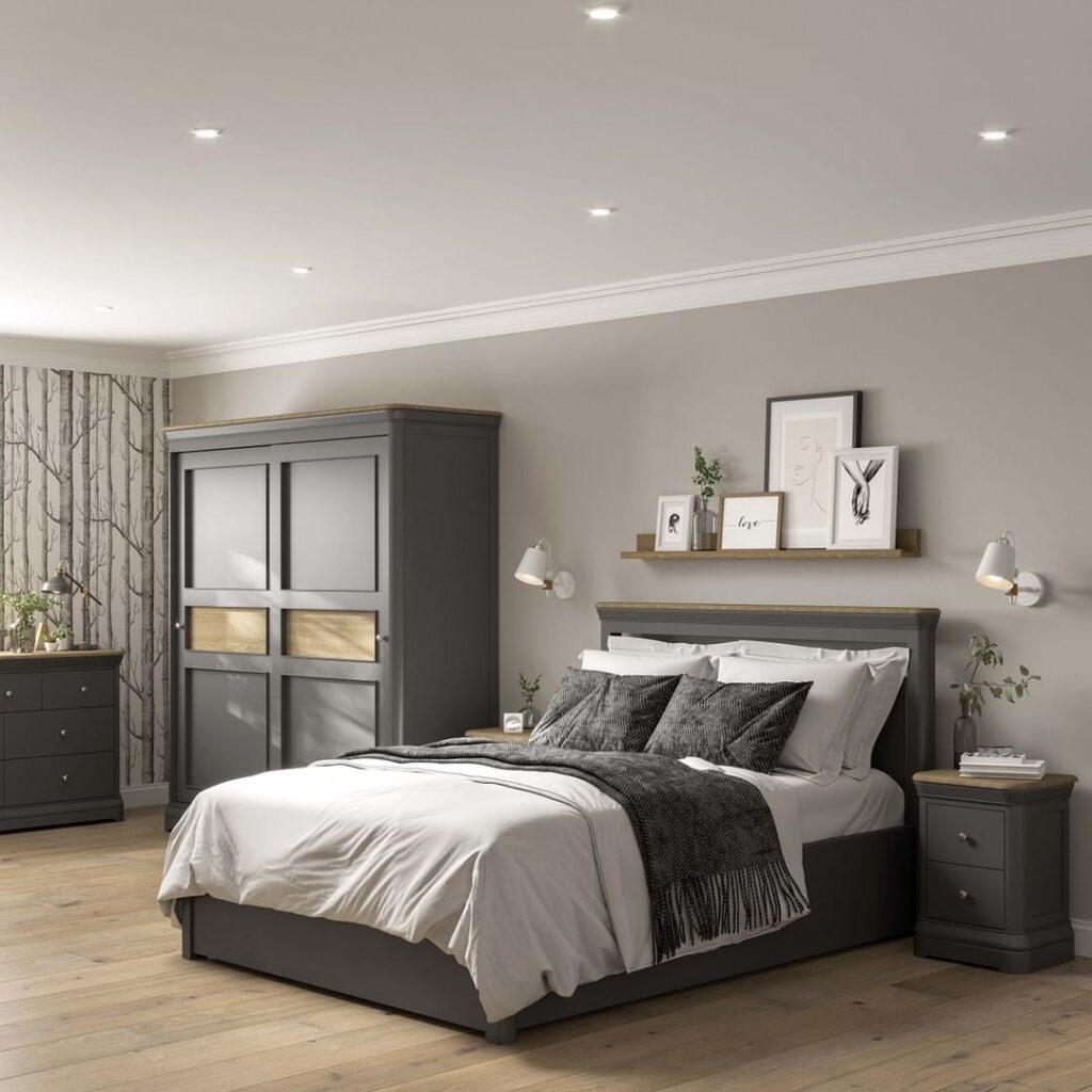 Modern gray bedroom with nature accents