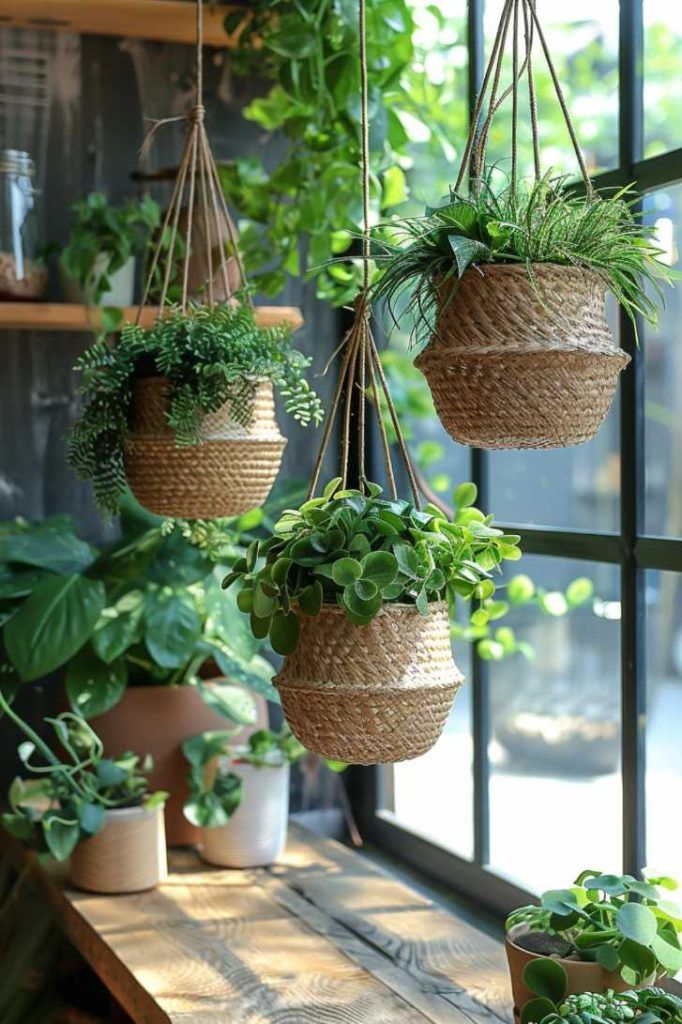 Hanging basket planters, window garden, ferns