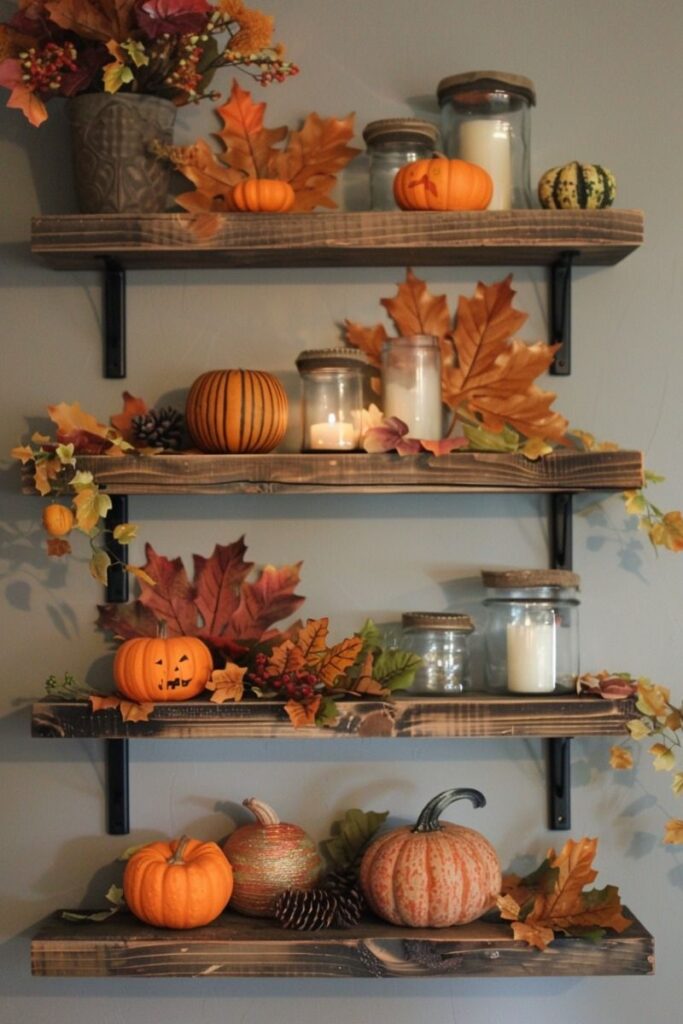 Wooden shelves, pumpkins, leaves, autumn decor