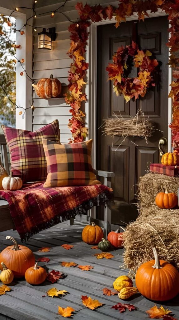 Cozy fall porch, pumpkins, plaid, leaves