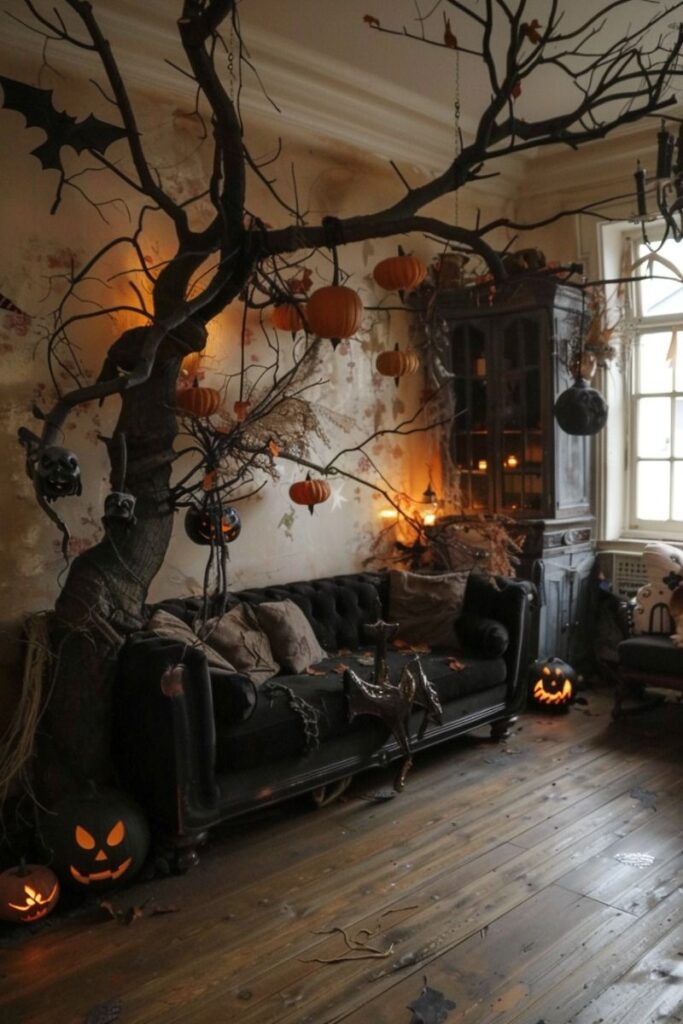 Living room with spooky tree and Halloween decorations