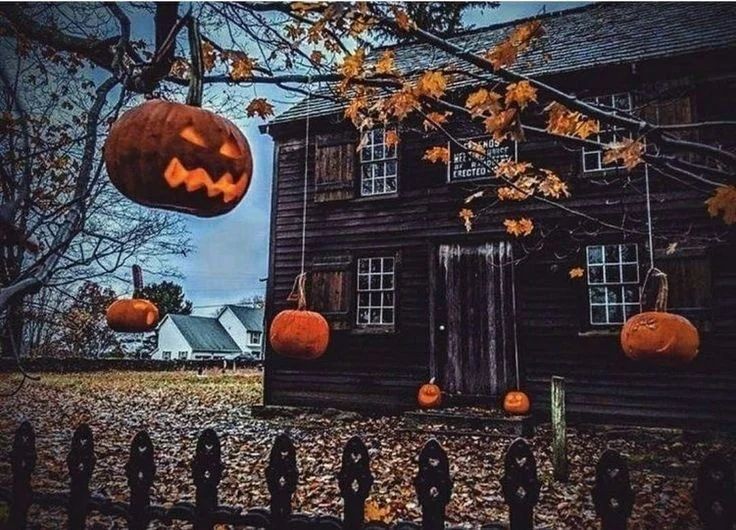 Farmhouse, hanging pumpkins, autumn leaves, spooky