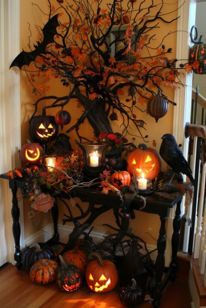 Halloween tree display glowing pumpkins ravens