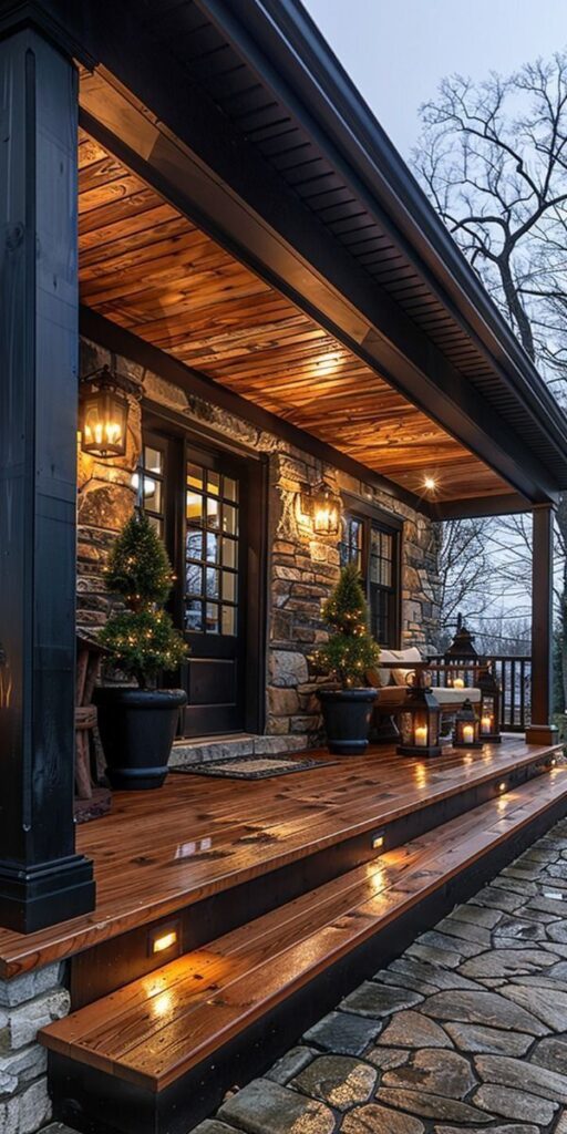 Illuminated wooden porch with stone walls