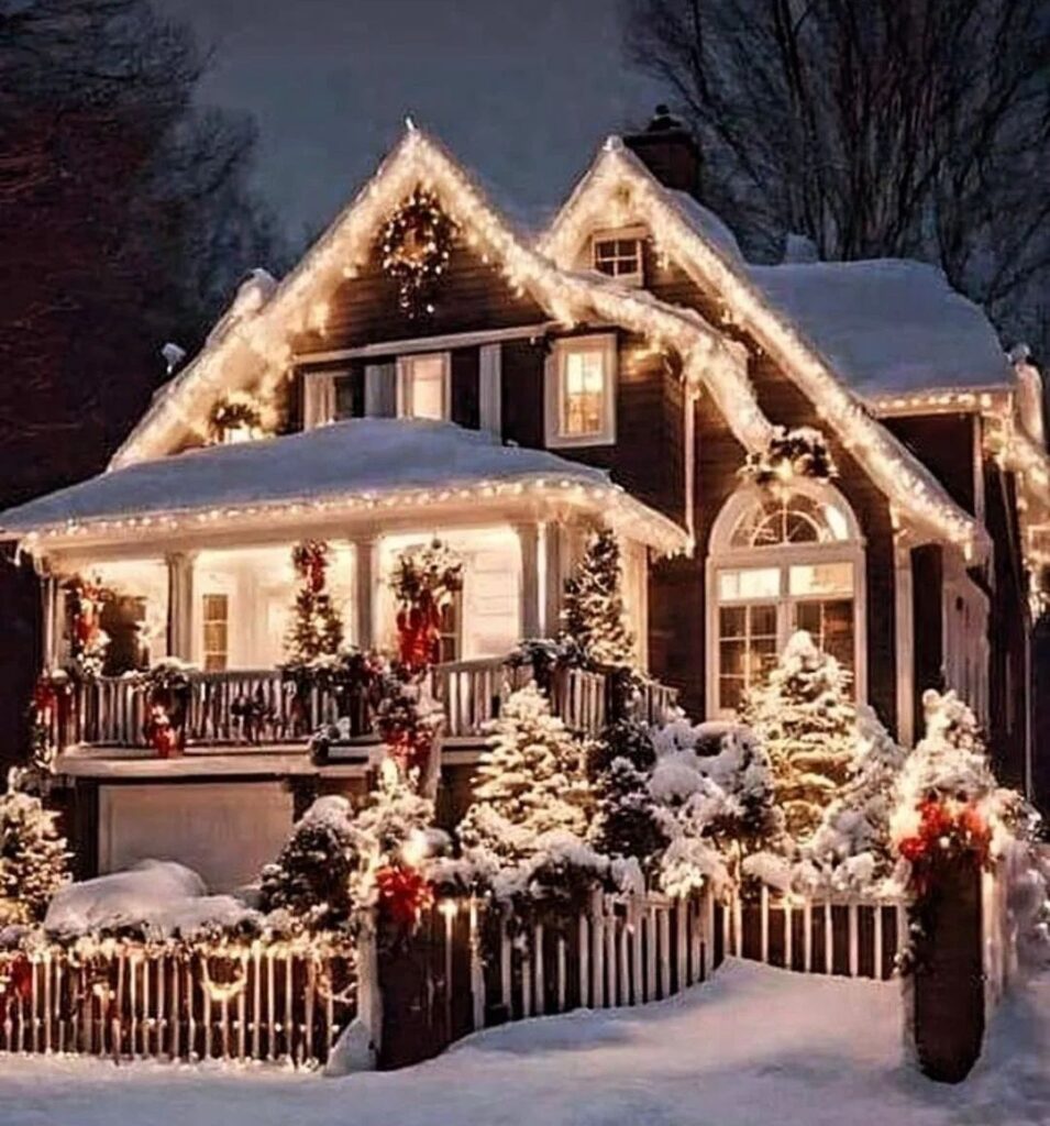 Snowy house with Christmas lights and decorations