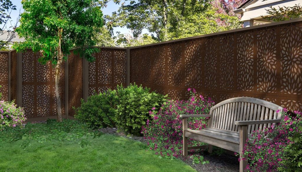 Decorative fence with bench and flowers