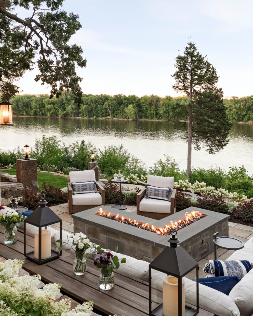 Lakefront patio, fire pit, cozy seating, landscaped garden