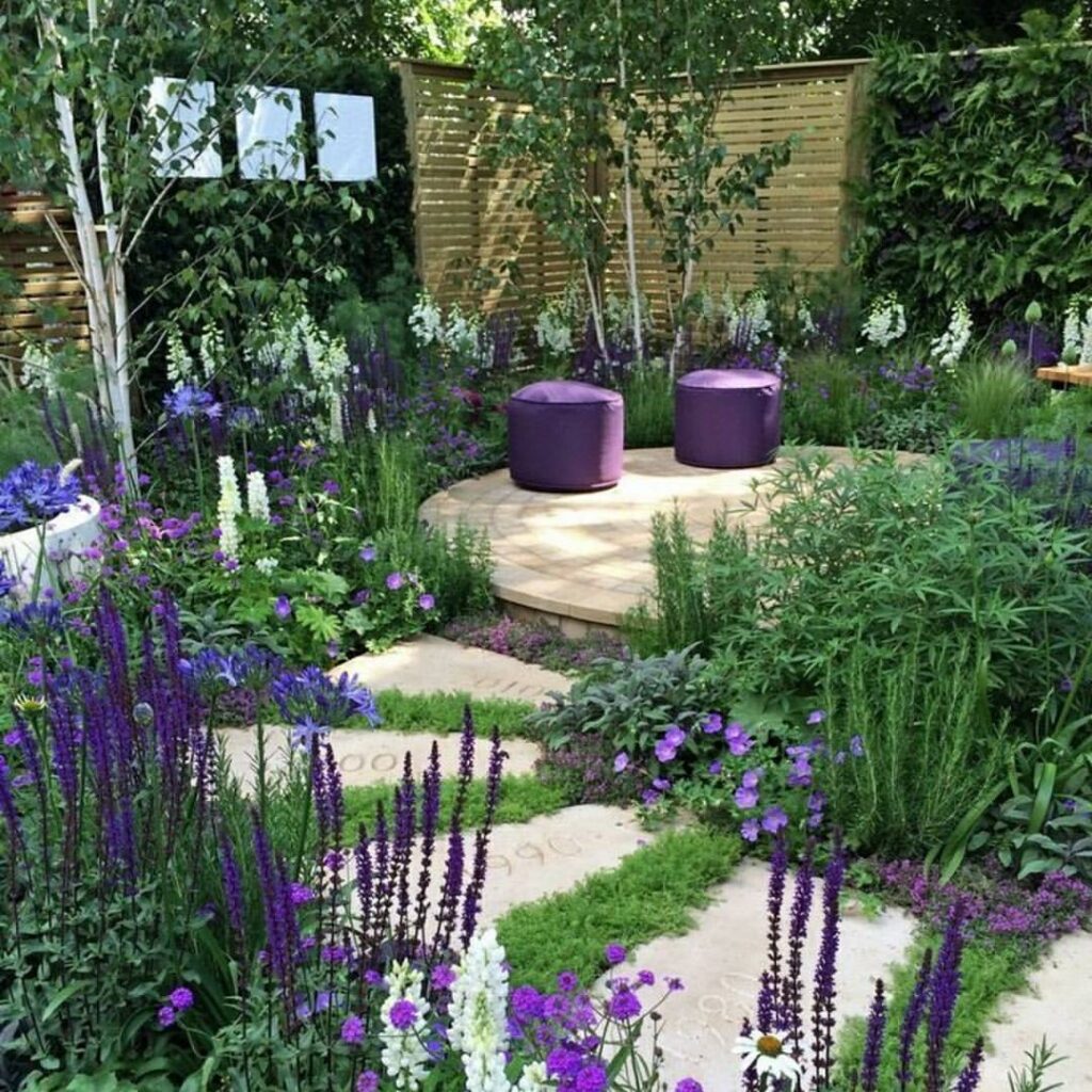 Purple flower garden with seating area