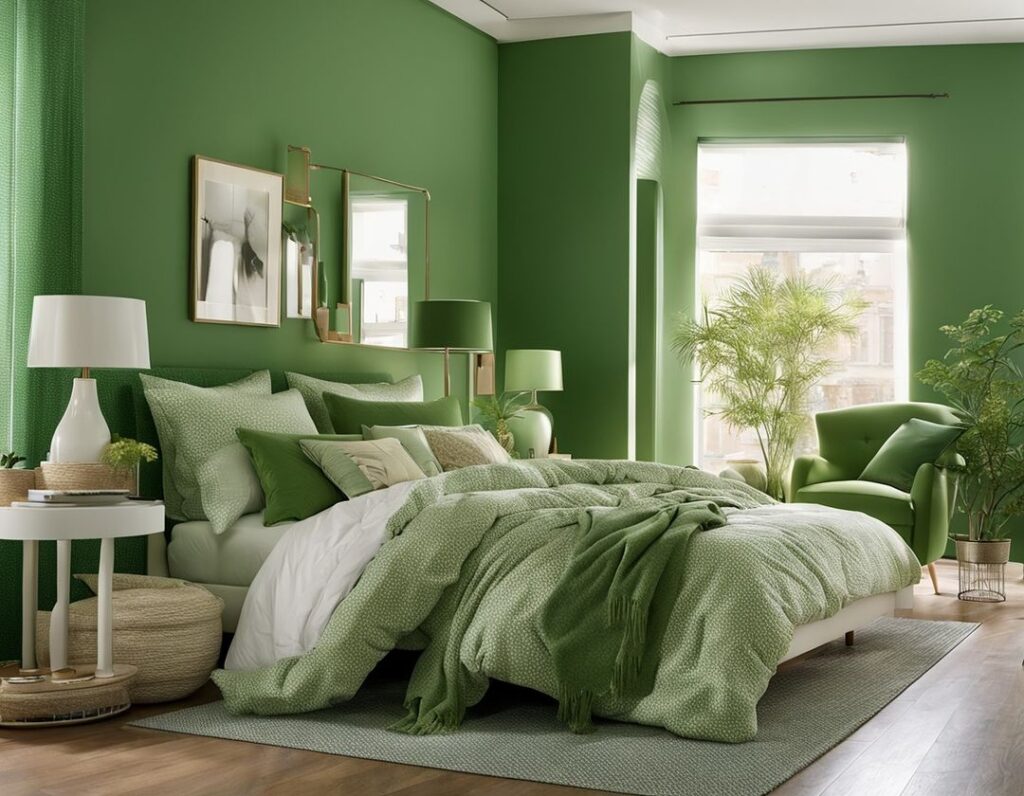 Emerald green bedroom with layered textures