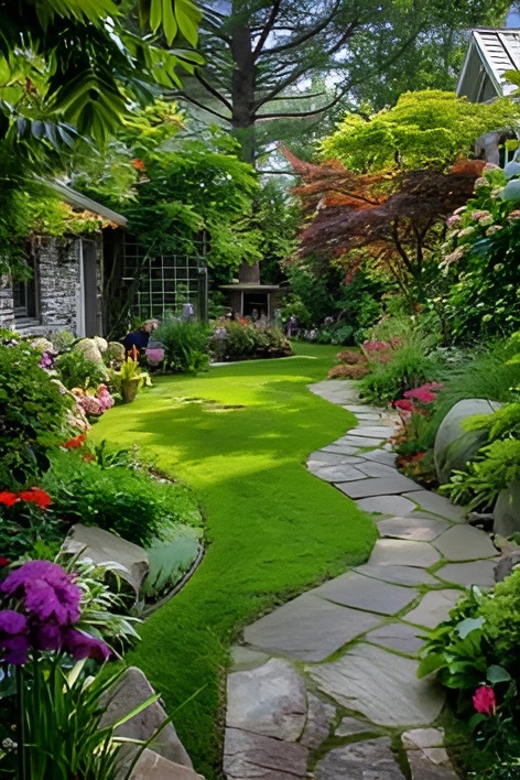 Curved lawn, stone path, colorful borders