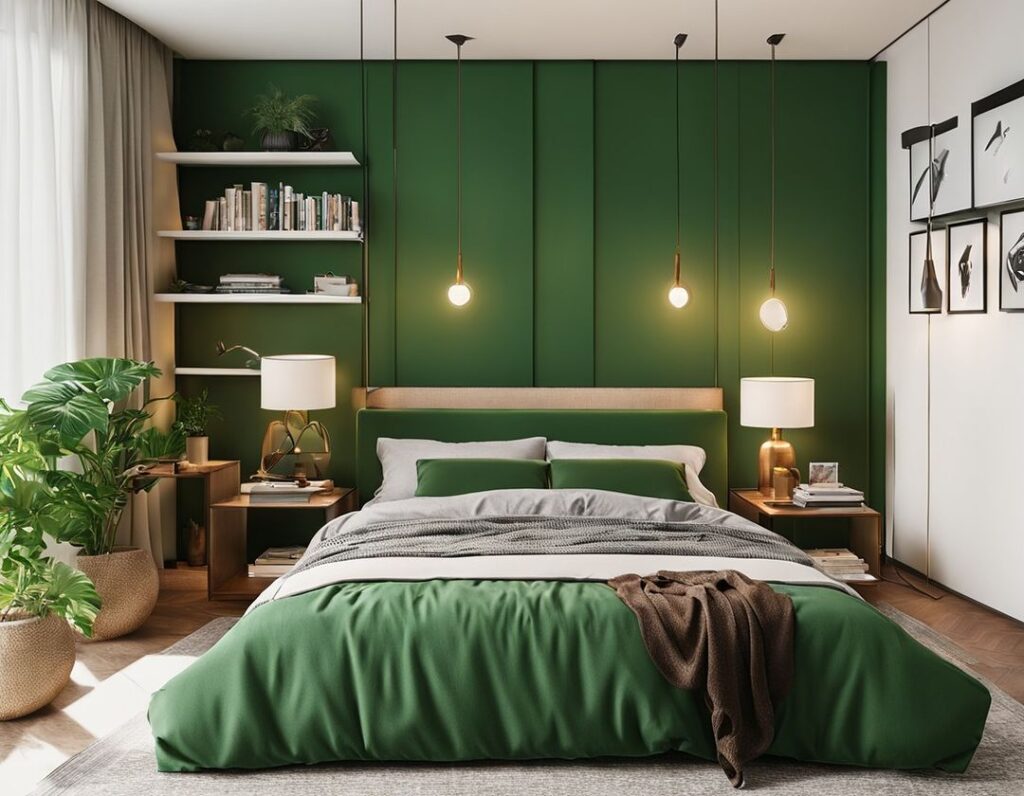 Green bedroom, pendant lights, botanical decor