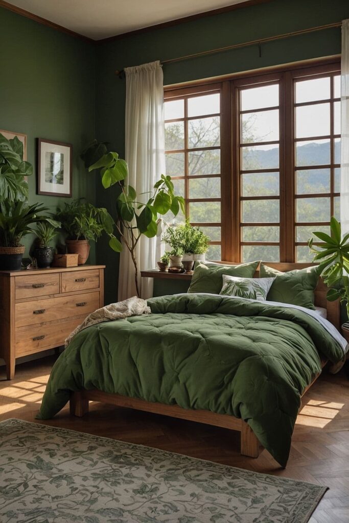 Green bedroom, plants, natural wood, mountain view