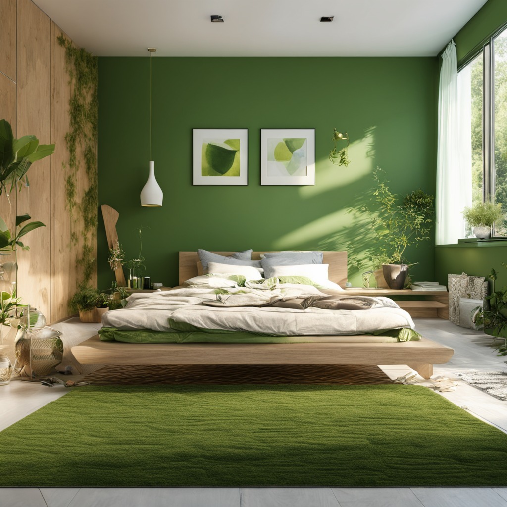 Curved green walls, nature-inspired decor, modern furniture