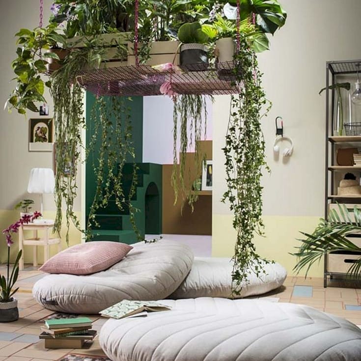 Hanging plant canopy, floor cushions, bohemian