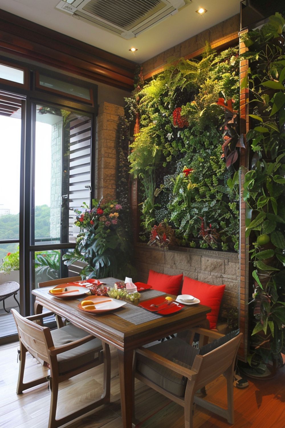 Dining area with vertical garden wall