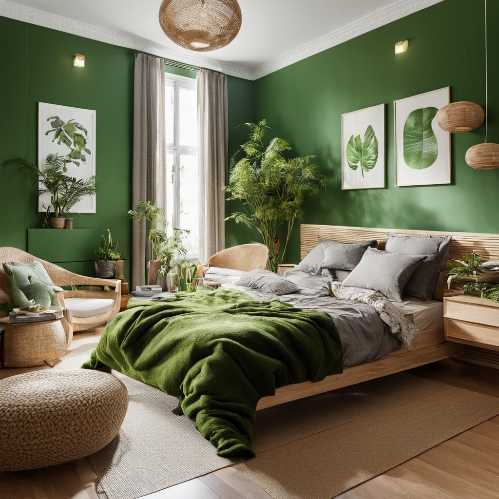 Green walls, tropical plants, wooden bed, botanical prints