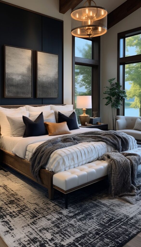 Elegant lakeside bedroom, dark accents, panoramic views