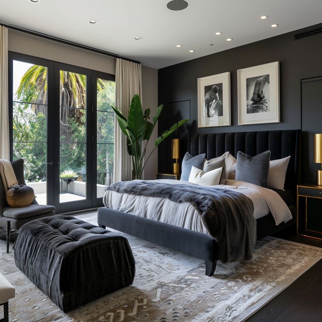 Tropical luxury bedroom, dark walls, French doors