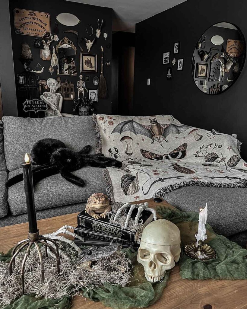 Gothic Halloween living room with curiosities