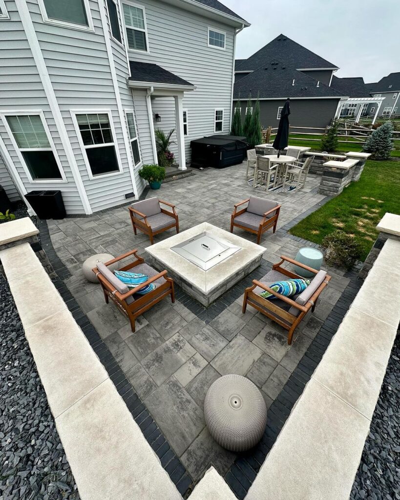 Backyard patio fire pit wooden chairs