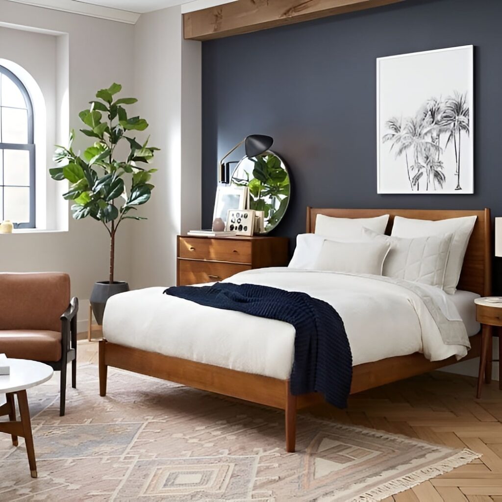 Blue wall, wood bed, tropical accents