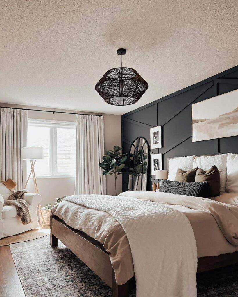 Dark accent wall, light bedding, modern-cozy bedroom