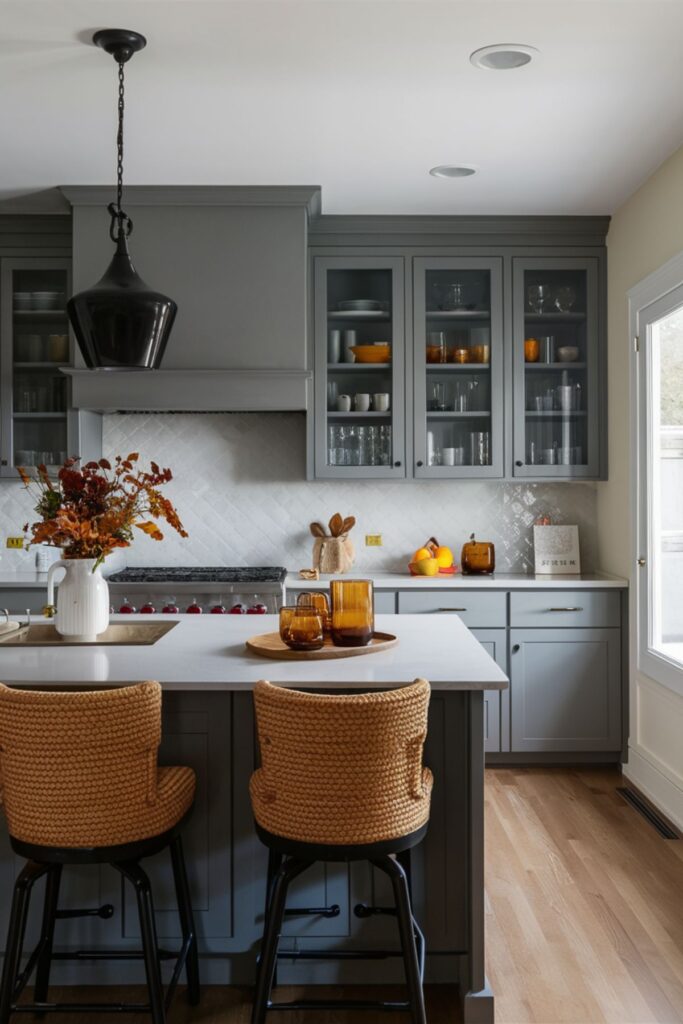  Gray kitchen, fall accents, rattan stools, modern design