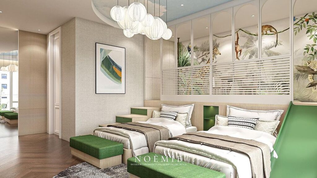 Twin beds, jungle partition, modern lighting