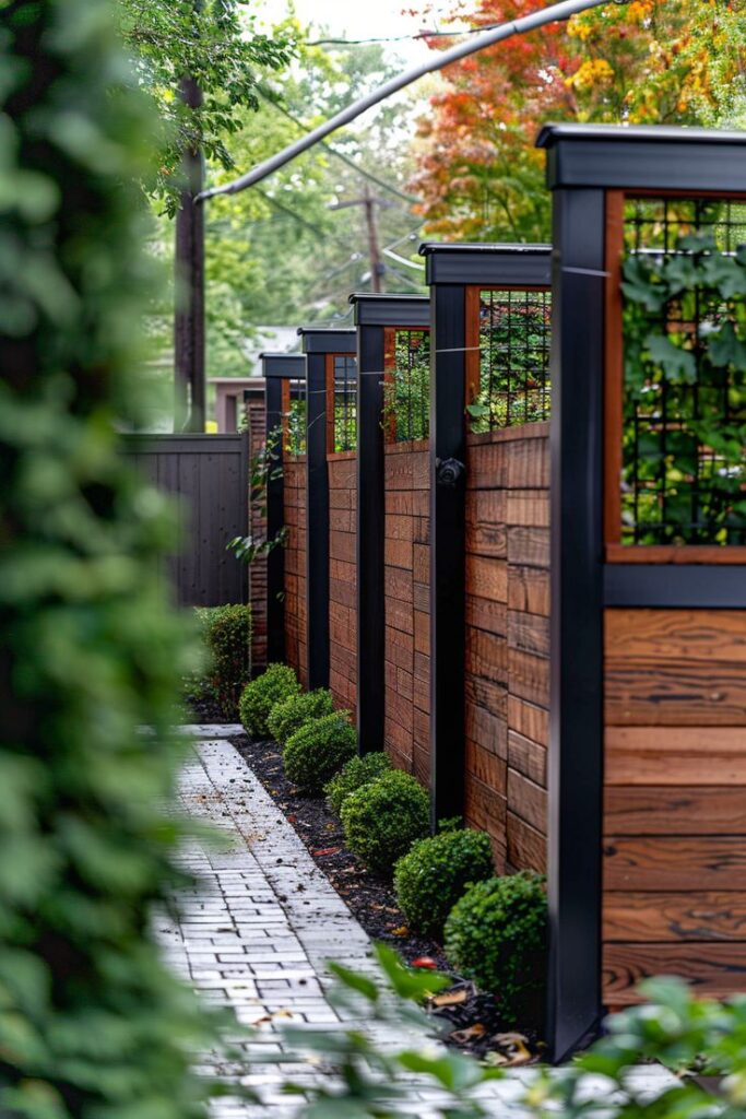 Wooden fence with black posts and greenery