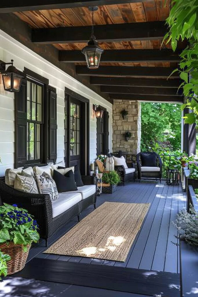 Black and white porch with wicker furniture