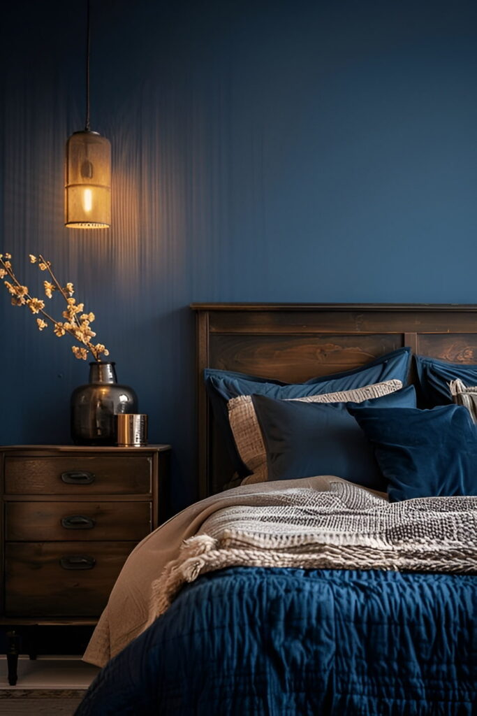 Dark blue bedroom, warm lighting, textured bedding