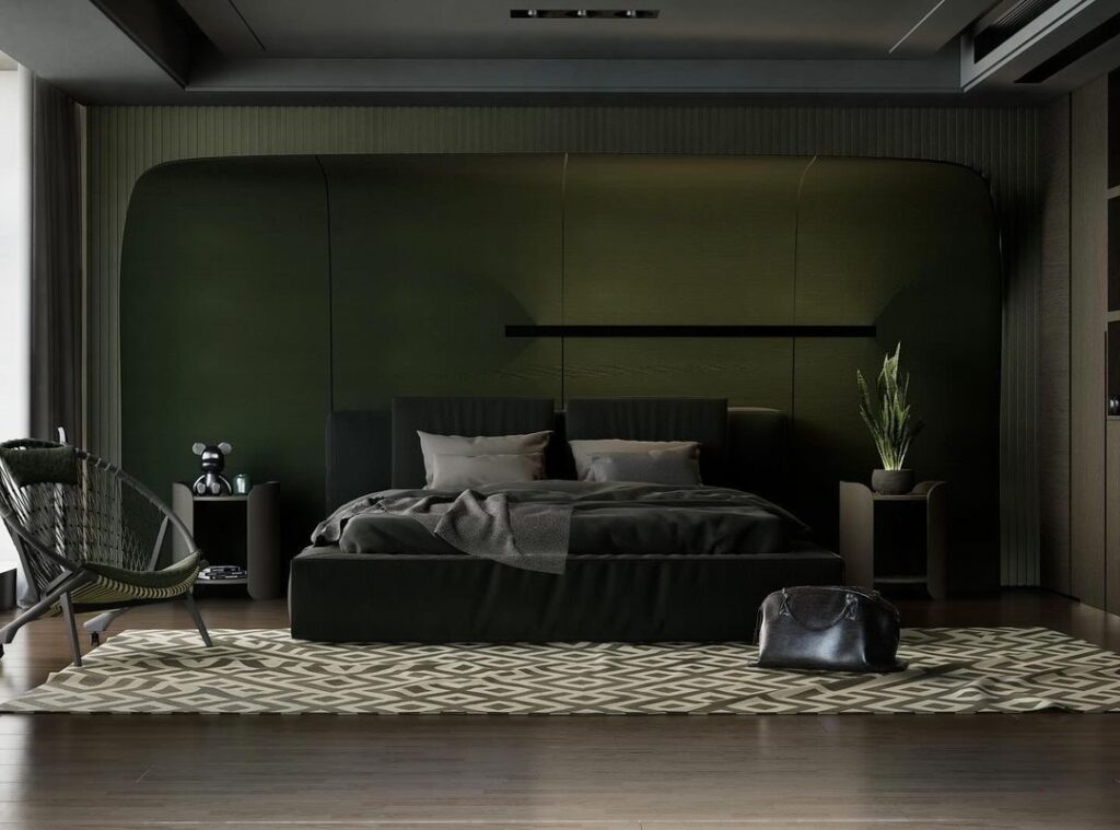 Dark green bedroom, curved headboard, masculine decor