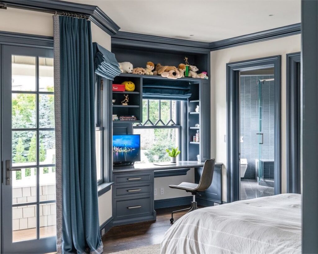 Blue study nook, bedroom workspace, built-in