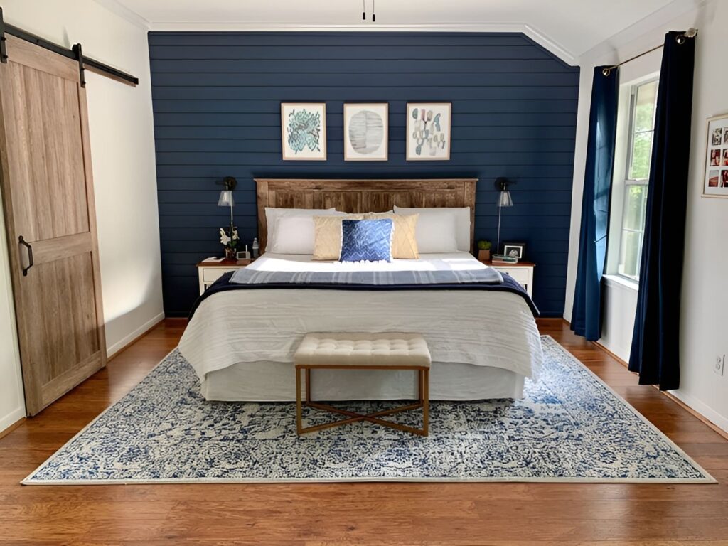 Navy shiplap, rustic bed, blue accents