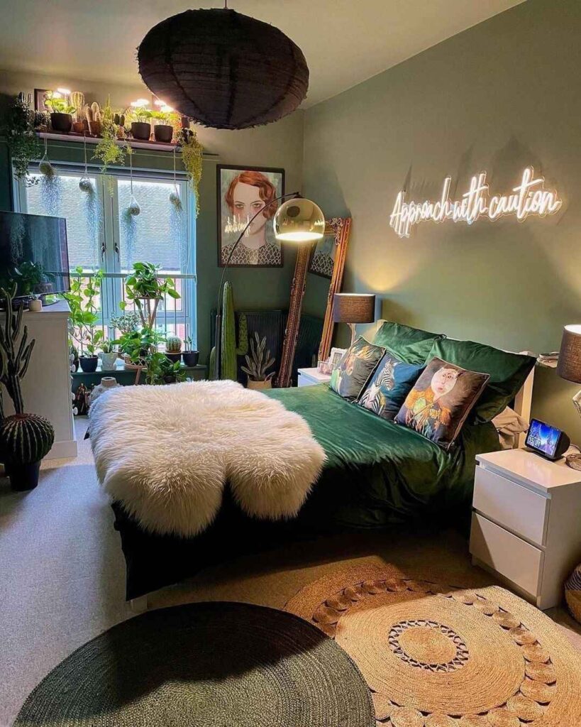 Green bedroom with plants and neon sign