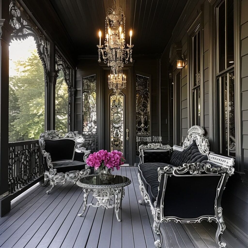 Gothic black porch with silver furniture and chandeliers