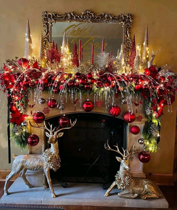 Glittering mantel, red ornaments, golden reindeer