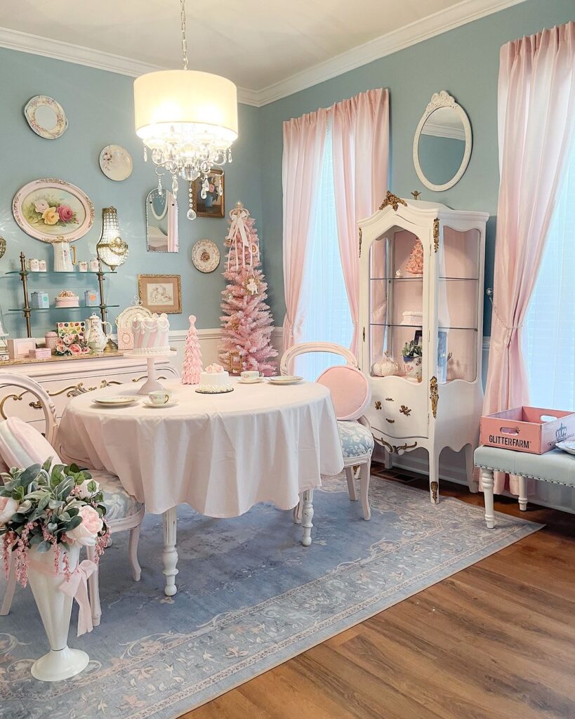 Pastel Christmas tea room with vintage decor