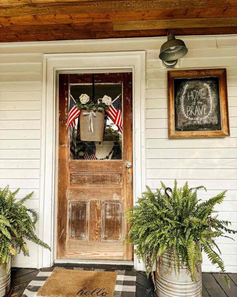 Rustic door patriotic decor ferns chalkboard