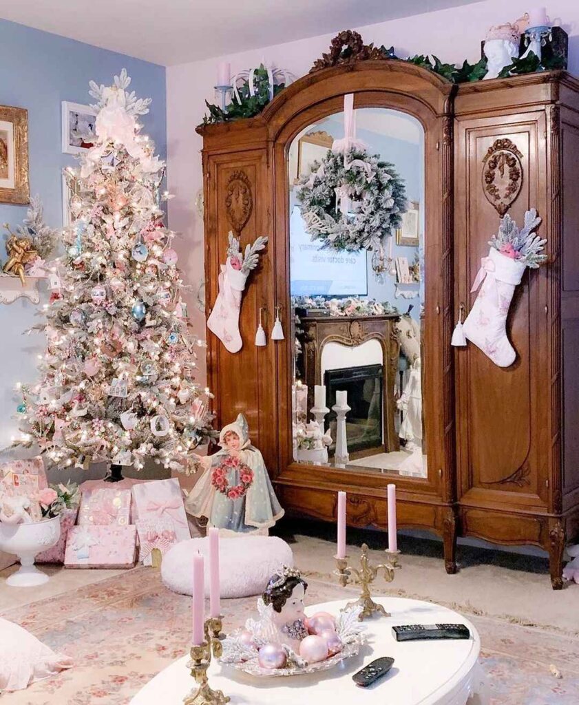 Pink-themed vintage Christmas room with tree