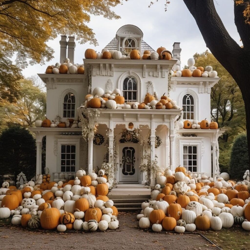 White Victorian house covered in pumpkins