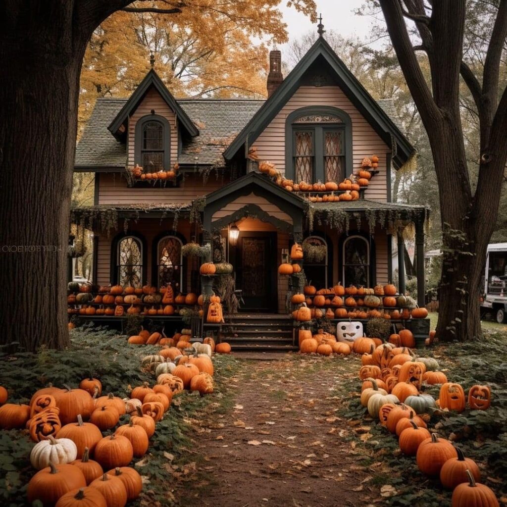 Victorian house extravagantly decorated with pumpkins