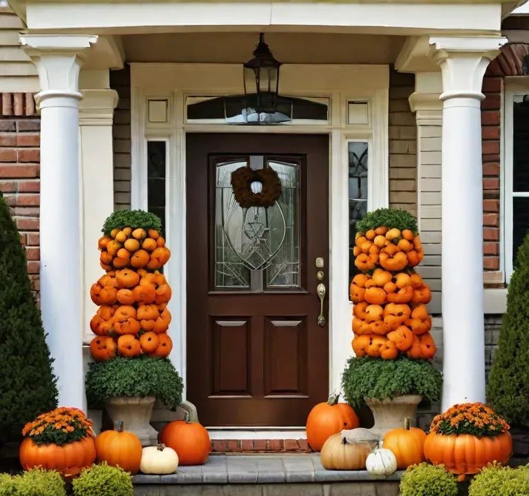 Doorway with pumpkin stacks and decorations